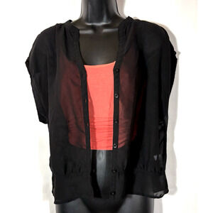 Frenchi Sheer Blouse Size Medium Black Button V-neck Short Sleeve Medium Goth